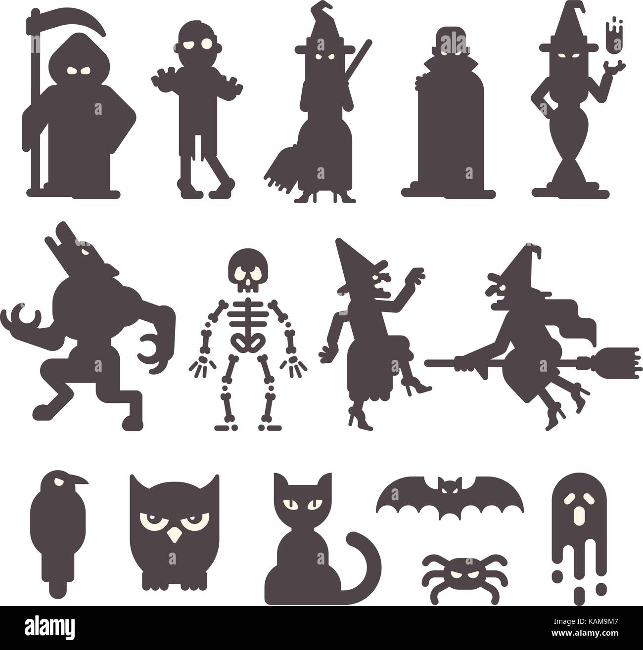 Set di caratteri di halloween sagome. halloween illustrazione piana. Grim Reaper, zombie, streghe, Vampire, Licantropo, scheletro, raven, OWL, Cat bat, Illustrazione Vettoriale