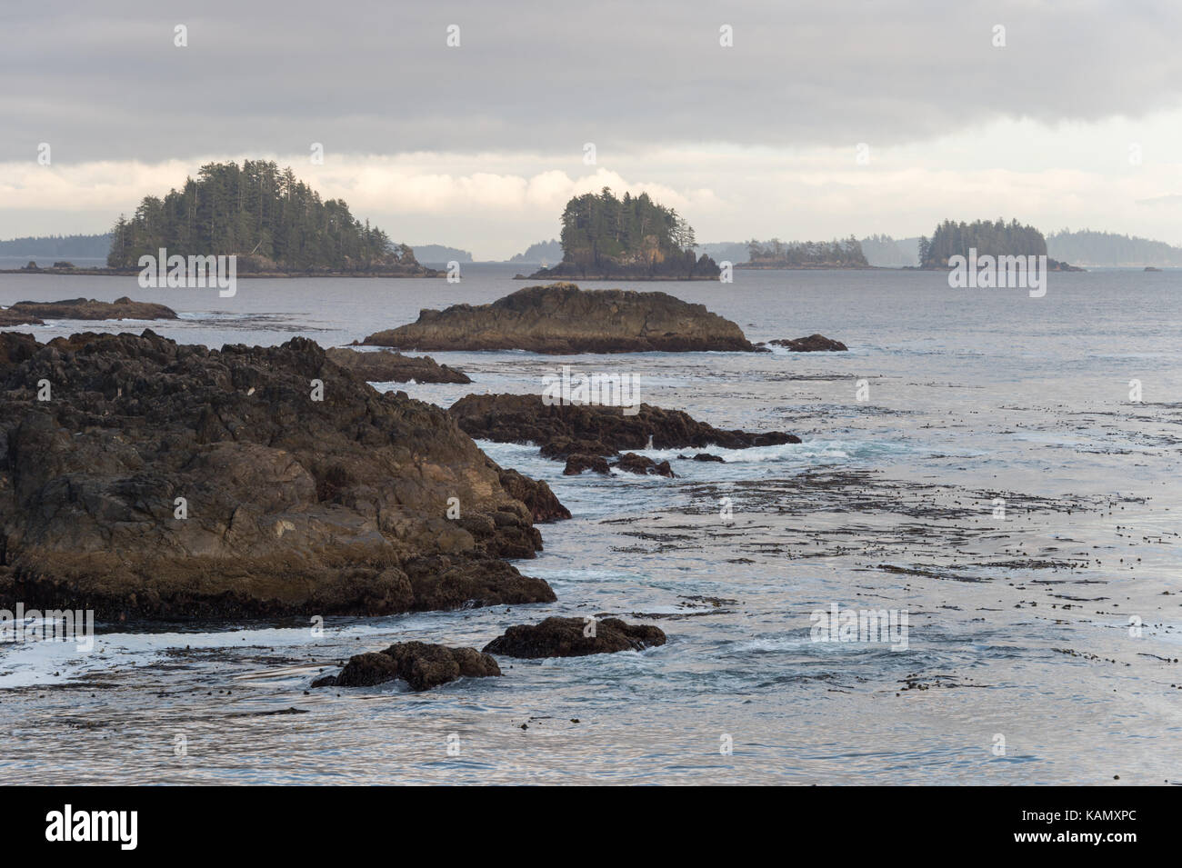 Ucluelet, BC, Canada - 8 settembre 2017: Broken Islands da wild pacific trail Foto Stock