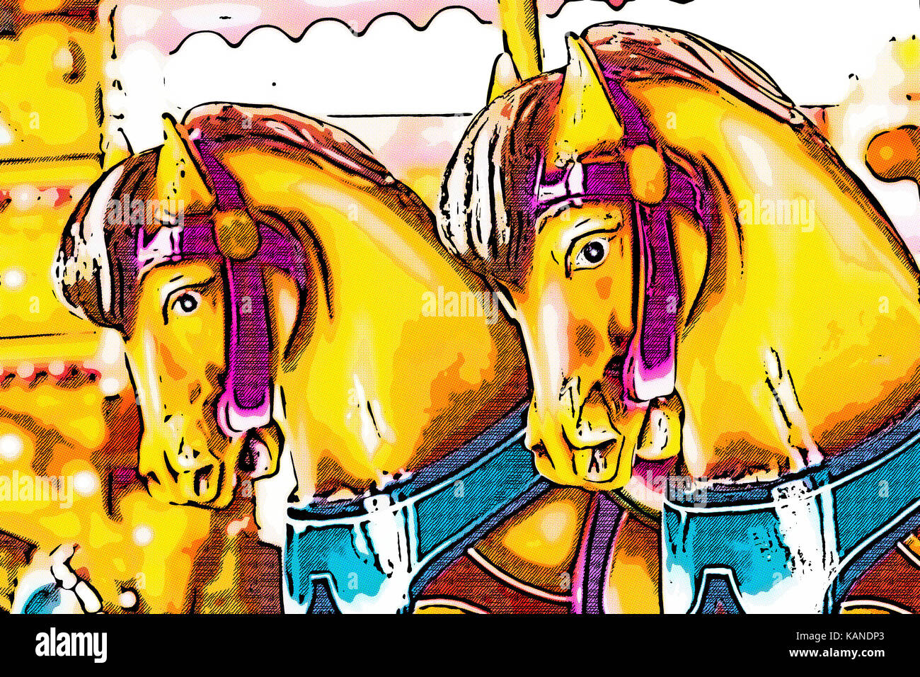 Close up merry-go-round sedili, cavalli al galoppo Foto Stock
