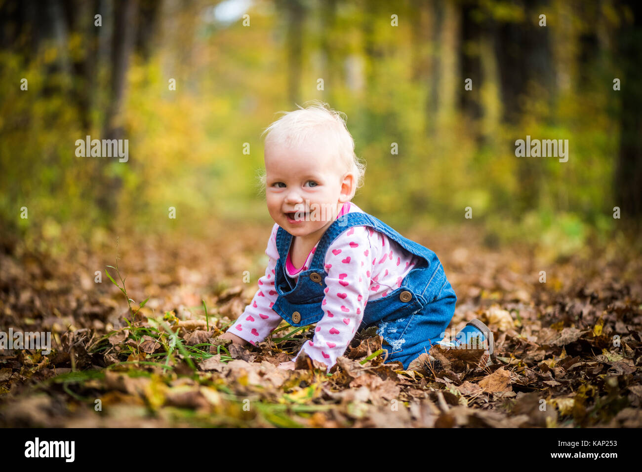 Felice piccolo bambino, Baby girl ridendo e giocando in autunno sulla foresta Foto Stock