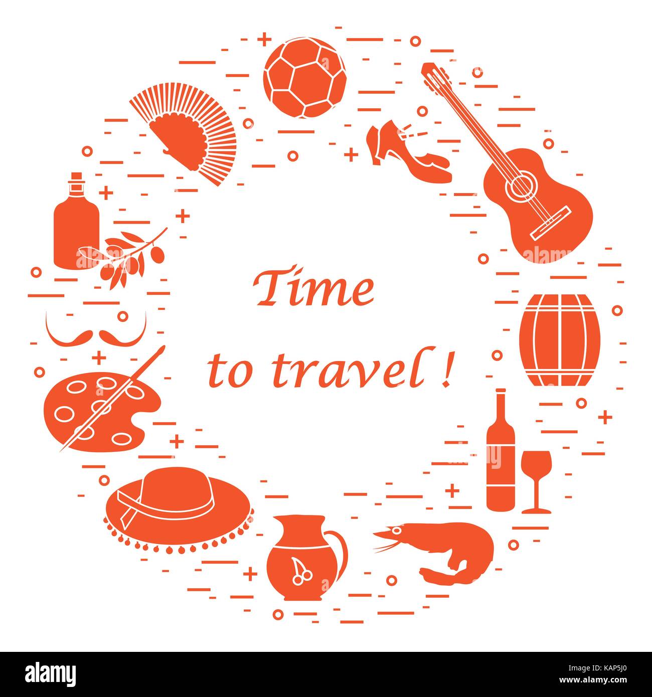 Illustrazione vettoriale con vari simboli di Spagna disposti in un cerchio. viaggi e tempo libero. design per banner, poster o di stampa. Illustrazione Vettoriale