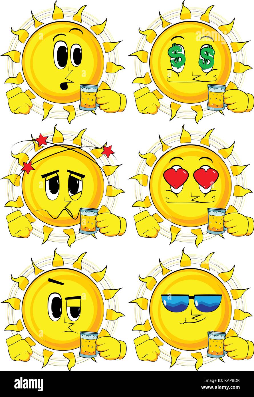 Cartoon sun bere birra. raccolta con varie espressioni del viso. vettore set. Illustrazione Vettoriale