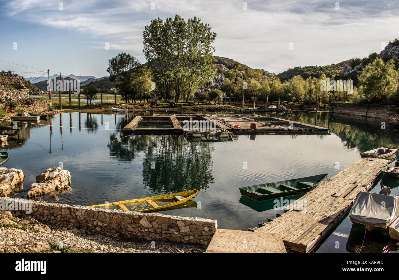 Villaggio karuc, Montenegro - floating vivai di pesci nel lago di Skadar basin Foto Stock