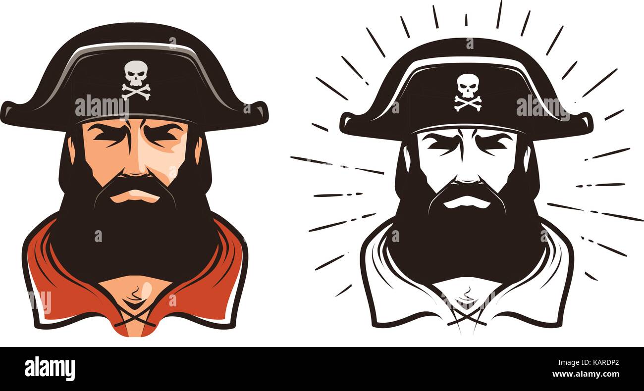 Angry pirate. ritratto del barbuto filibuster in hat. cartoon illustrazione vettoriale Illustrazione Vettoriale