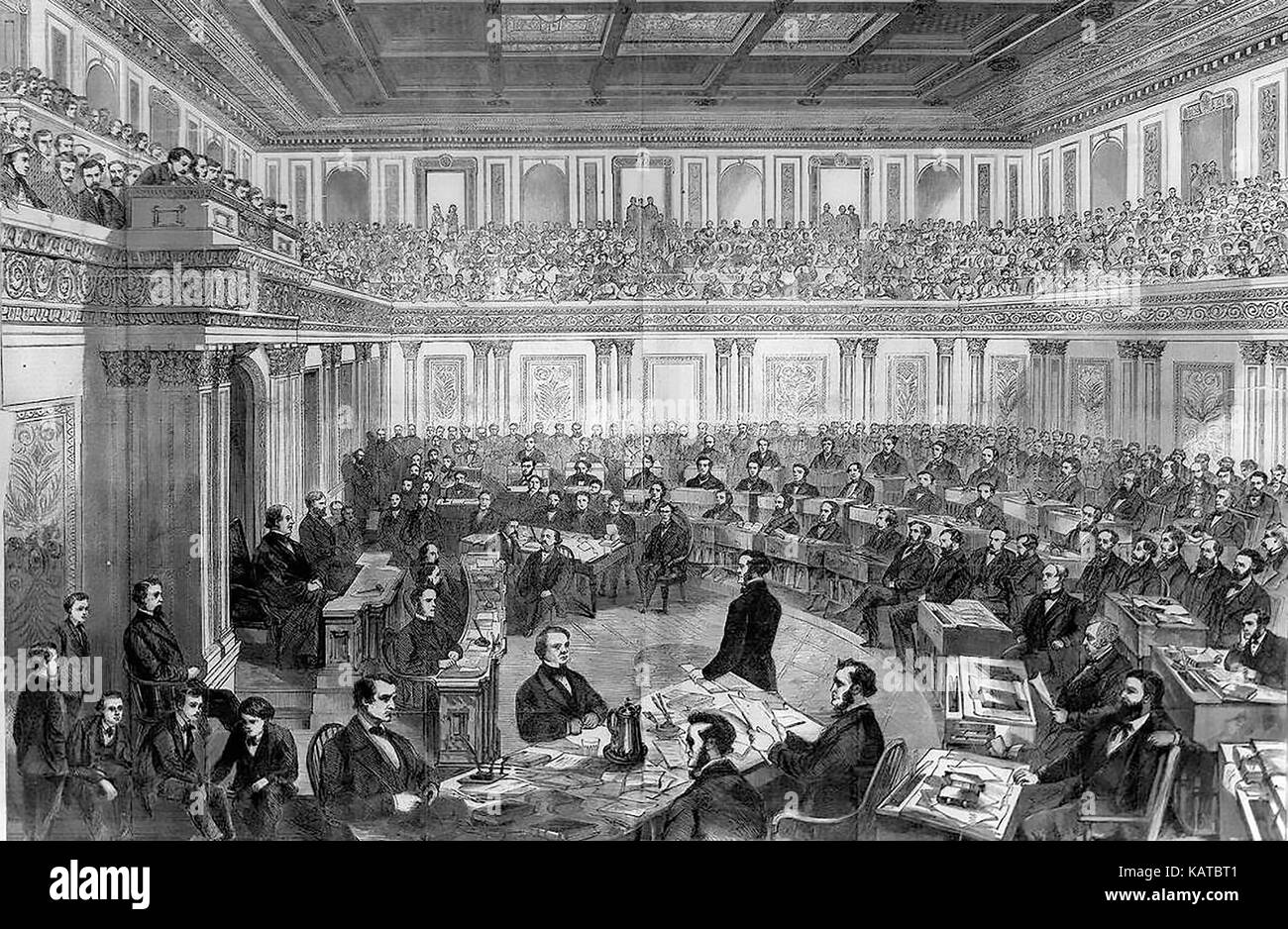 Andrew JOHNSON (1808-1875) 17th Presidente degli Stati Uniti. Harper's Weekly illustrazione della sua procedura di impeachment nel senato in 1868 Foto Stock