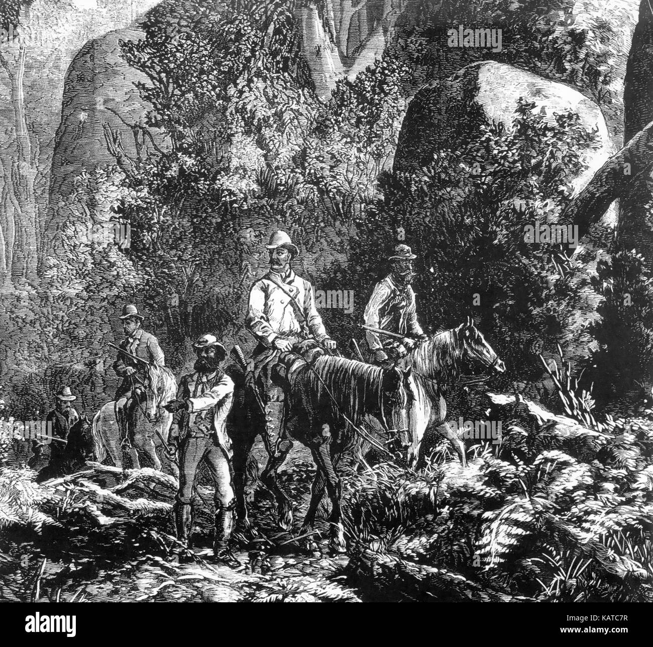 Ned KELLY (1854-1880) bushranger australiano. Una festa di ricerca nella Wombat Ranges, Victoria, alla ricerca della banda Kelly. DAll'Australian Sketcher, Dicembre 1878 Foto Stock