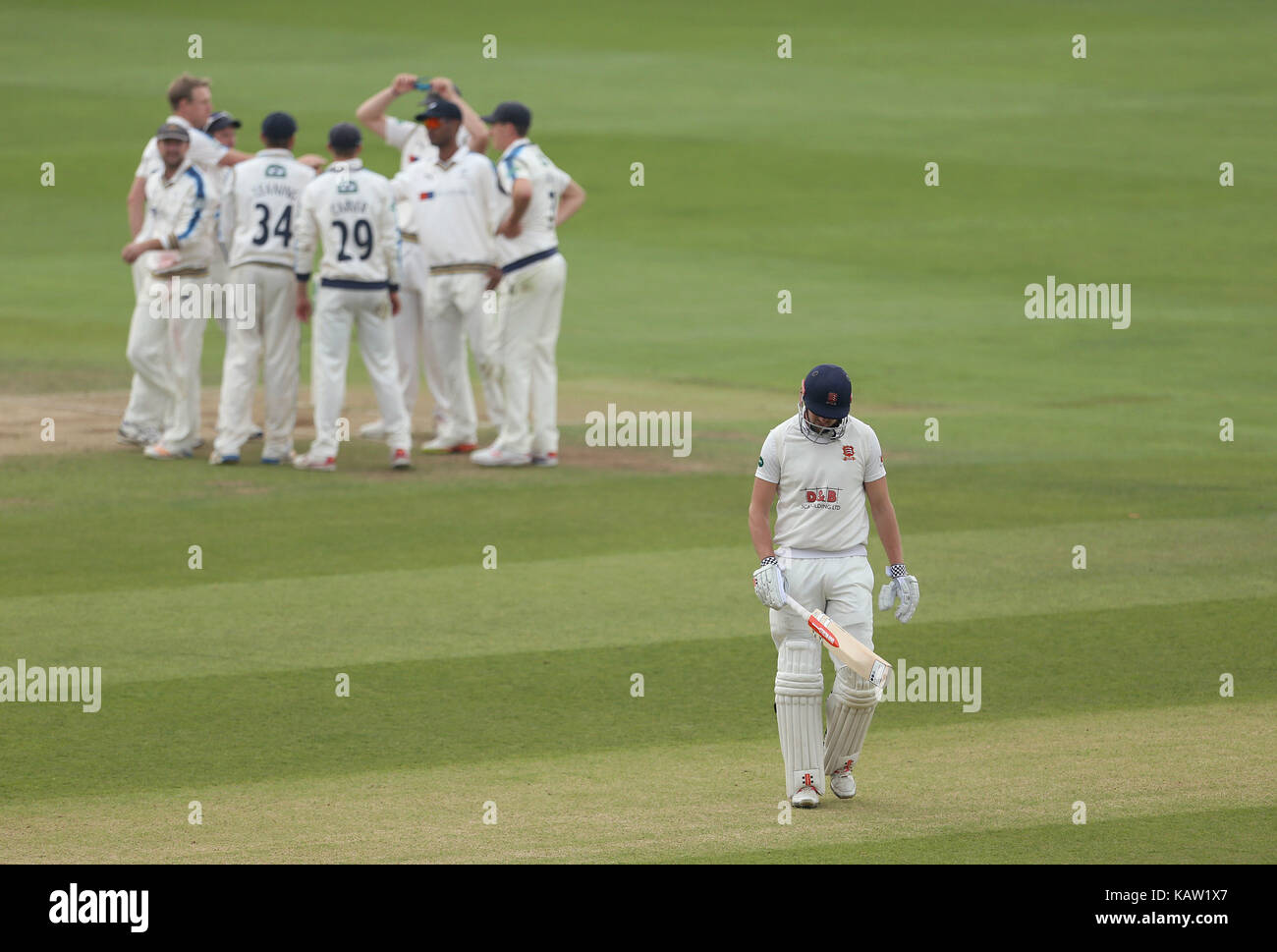 Essex nick browne passeggiate fuori campo dopo essere stati catturati durante il giorno tre della contea di specsavers championship, divisione uno corrisponde all'cloudfm County Ground, Chelmsford. Foto Stock