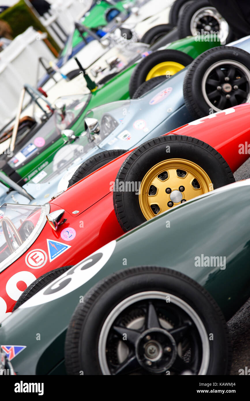 Auto da corsa di Formula Junior d'epoca nell'area di assemblaggio per la Chichester Cup al Goodwood Revival 2017 Foto Stock