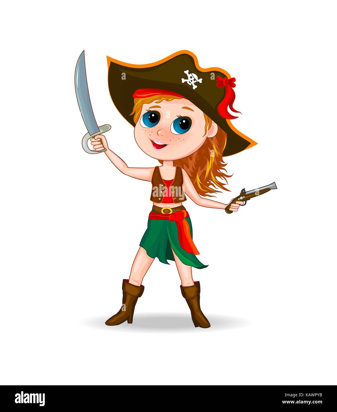 Ragazza carina pirata. bambina in un costume pirata. cartoon ragazza vestita di un pirata costume , con il cappello sulla testa e la spada in mano. Illustrazione Vettoriale