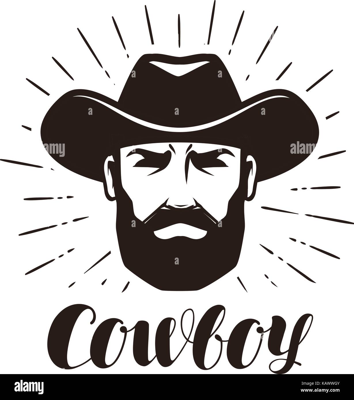 Cowboy logo o etichetta. ritratto di uomo barbuto in hat. lettering illustrazione vettoriale Illustrazione Vettoriale