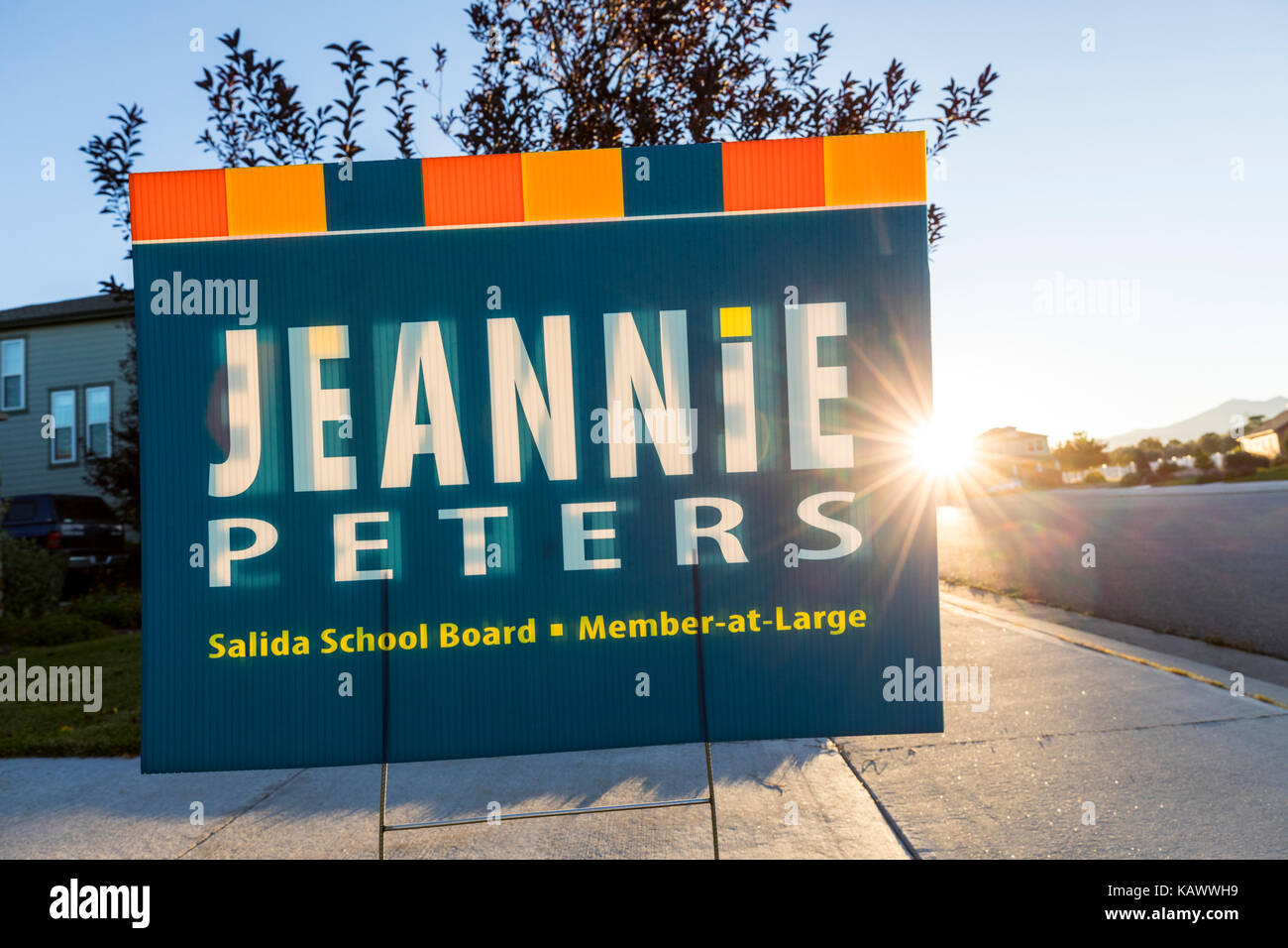 Segno politico promuovere Jeannie Peters per Salida School Board, Salida, Colorado, STATI UNITI D'AMERICA Foto Stock