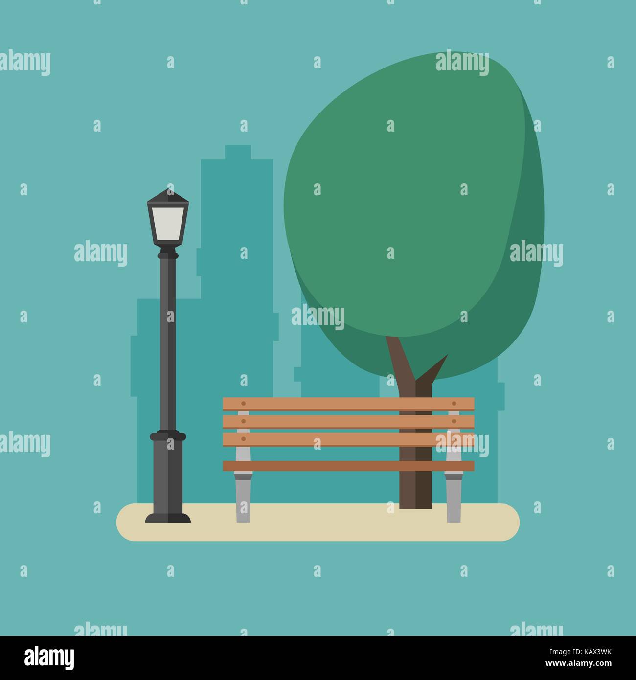 Parco con panca e lampione. Illustrazione Vettoriale