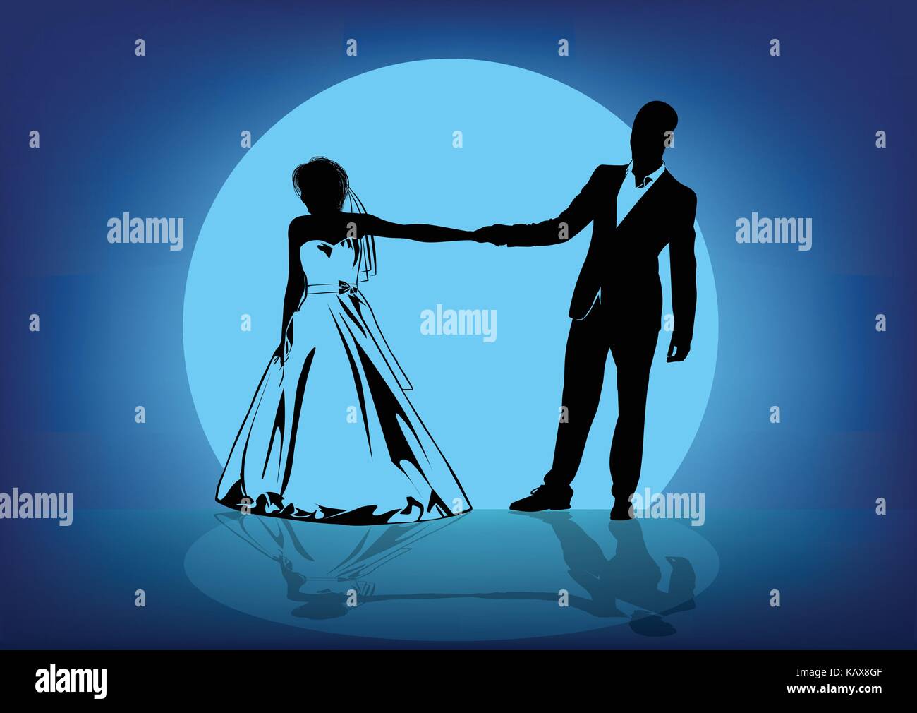 Sagome dello sposo e della sposa azienda ogni altro dalla mano contro lo sfondo della luna - vettore Illustrazione Vettoriale