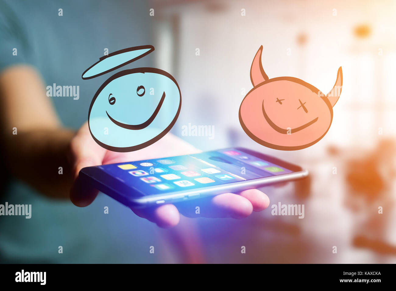 Vista disegnati a mano Angelo e diavolo icona andando fuori uno smartphone di interfaccia di un uomo in ufficio - Idee di concetto Foto Stock