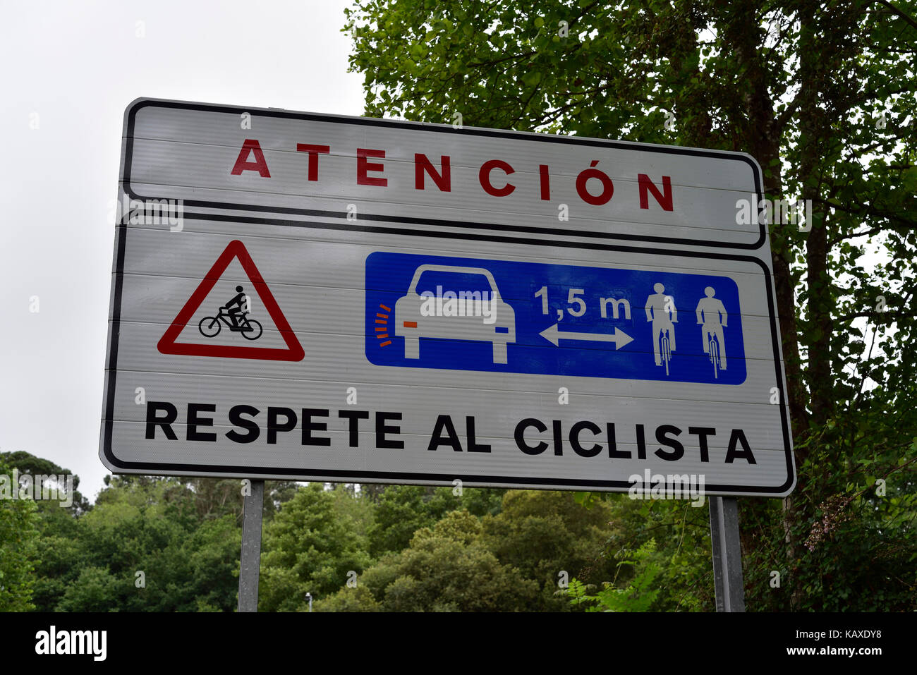 Cartello stradale in cantabria, Spagna settentrionale, chiedendo agli automobilisti di dare spazio a sufficienza quando il sorpasso di ciclisti Foto Stock