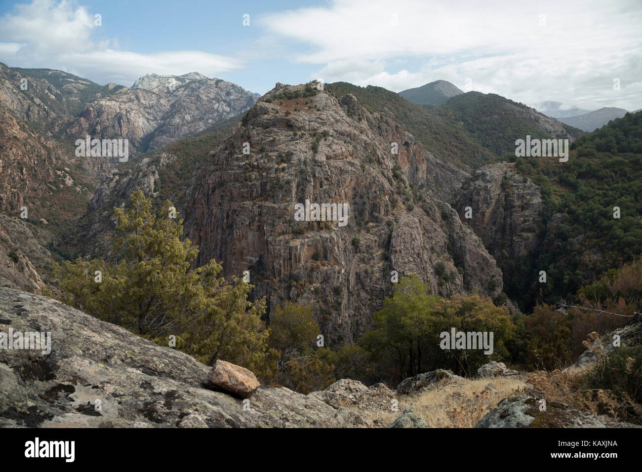 Paesaggio di montagna vista della zona nei pressi di ota chiamato gorges de spelunca, Corsica, Francia. La Corsica è un'isola del Mediterraneo e una delle 18 regioni della Francia e si trova a sud-est della Francia continentale e ad ovest della penisola italiana. Foto Stock