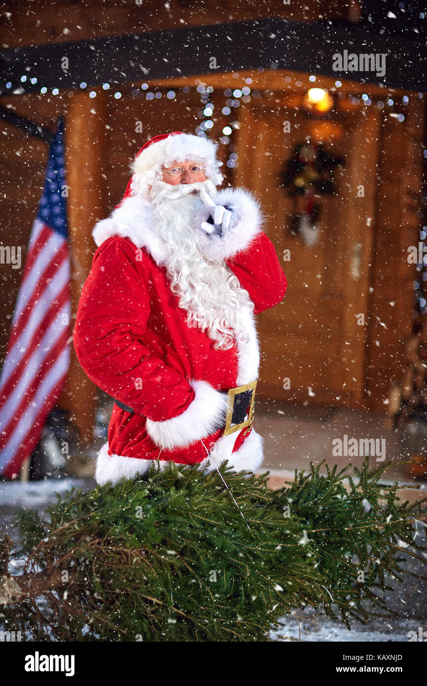 Babbo Natale portare albero di natale in casa di legno in segreto Foto Stock