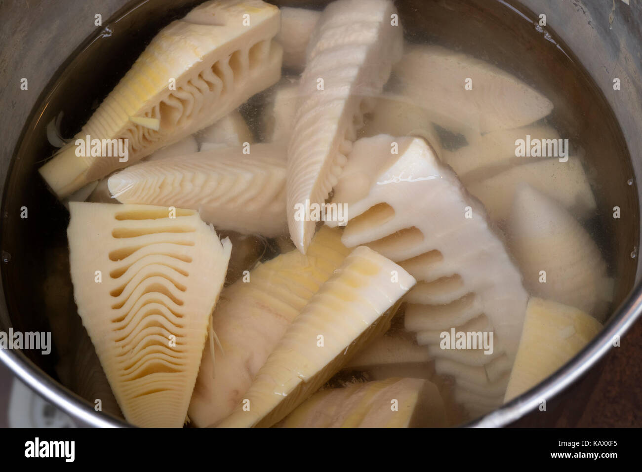 Crudo fresco giapponese di germogli di bambù per la vendita sul mercato Foto Stock