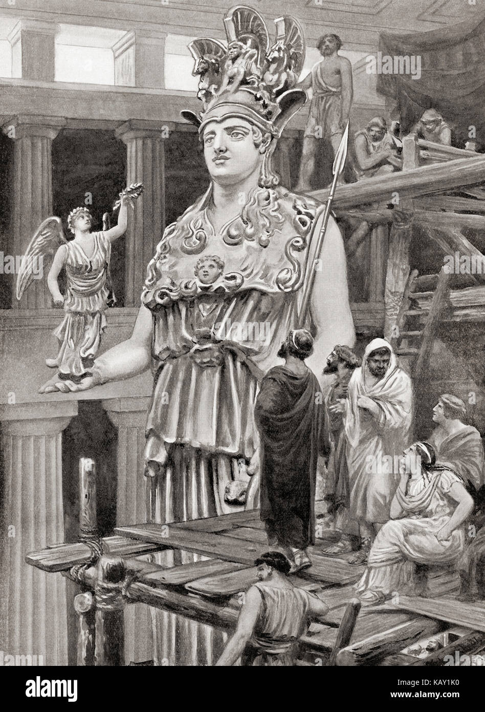 Fidia e i suoi assistenti al lavoro sulla statua della dea Athena nel  Partenone riceve la visita di Pericle. Fidia o pheidias, c. 480 - 430 a.c.  scultore greco, pittore e architetto.