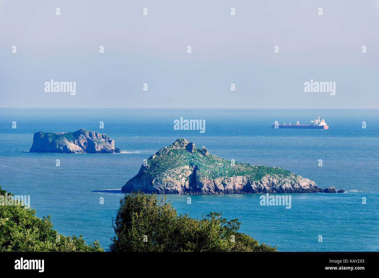 Una petroliera distanti è ormeggiato nella baia di Tor, devon con la orestone e thatcher rock in primo piano in una giornata di sole. Foto Stock