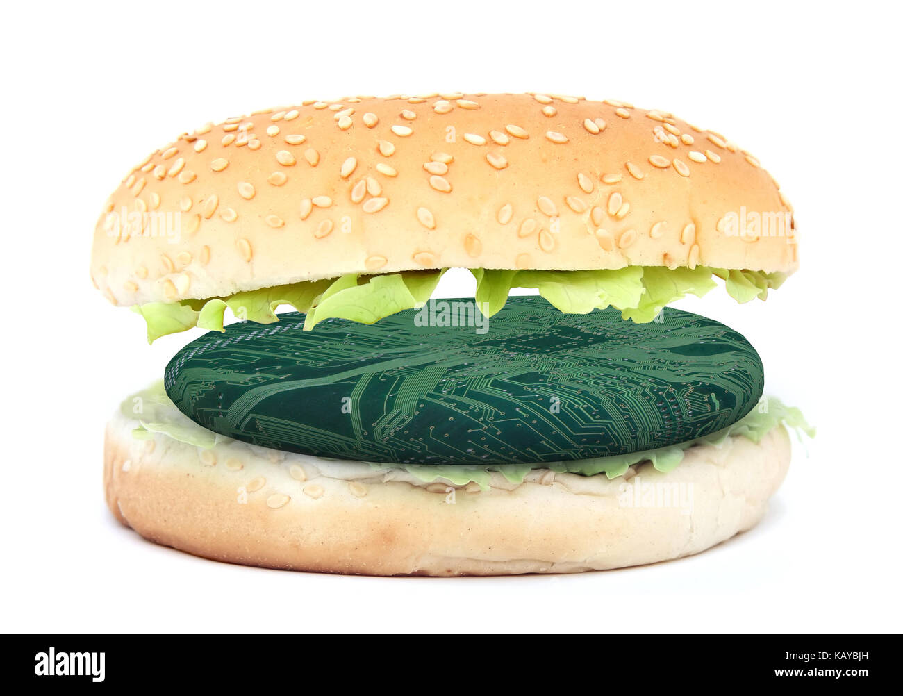 Sandwich con electronic burger, carne sintetica concetto, 3d illustrazione Foto Stock