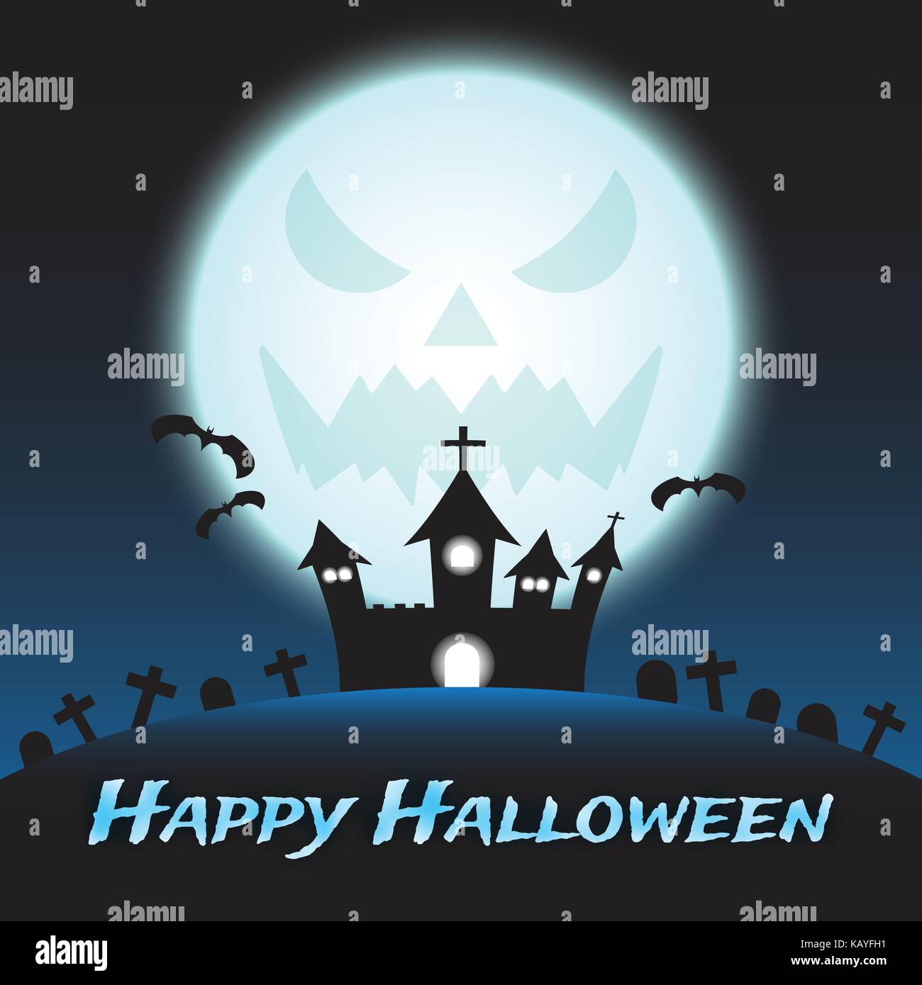 Vector felice notte di halloween illustrazione di una silhouette castello curvo su di una collina tra cimitero sotto il big blue splendenti mostruoso luna piena Illustrazione Vettoriale