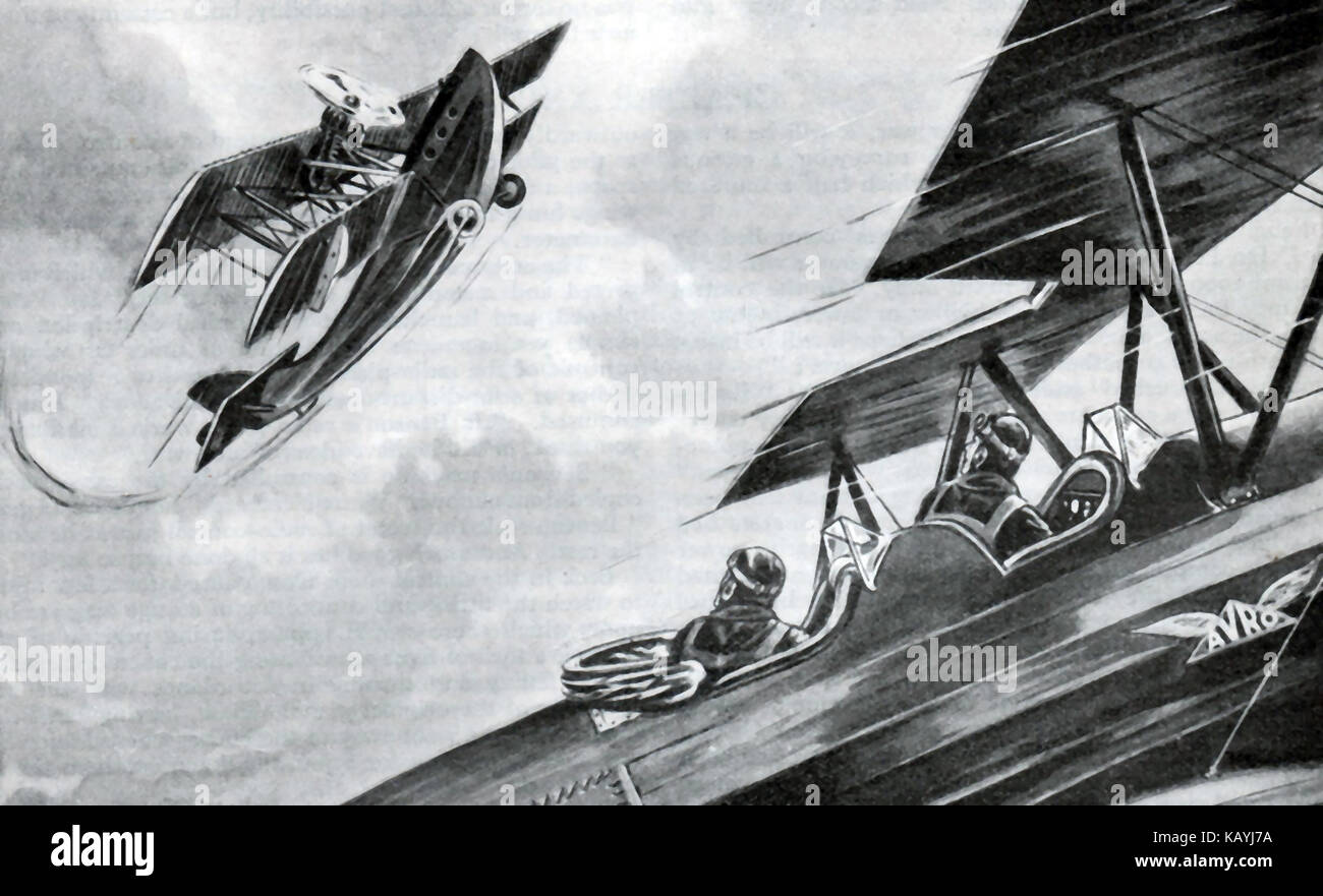 Una illustrazione dai ragazzi proprio 1932-33 annuale - un tempo di guerra aria lotta tra due bi-piani (uno contrassegnato Avro) Foto Stock