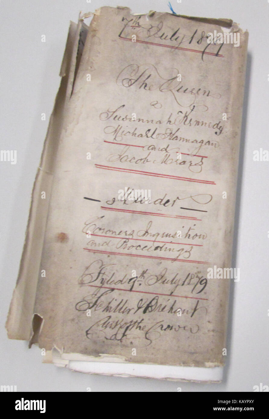 La regina vs Susannah Kennedy, Michael Flannagan e Giacobbe Mears. Omicidio. Coroner Inquisizione e procedimenti. 7 Luglio 1879 Foto Stock