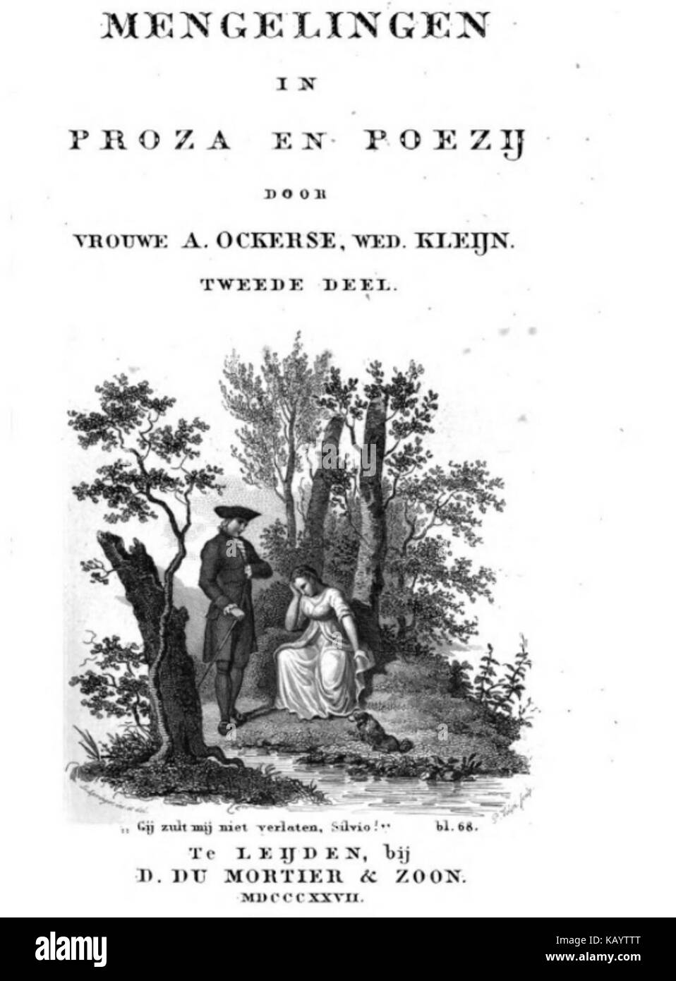 Questo frontespizio è tratto da una pubblicazione di Antonia Ockerse, datata 1827. Rappresenta la copertina del libro, riflettendo le tendenze artistiche e letterarie del tempo, possibilmente in un contesto storico o letterario. Foto Stock