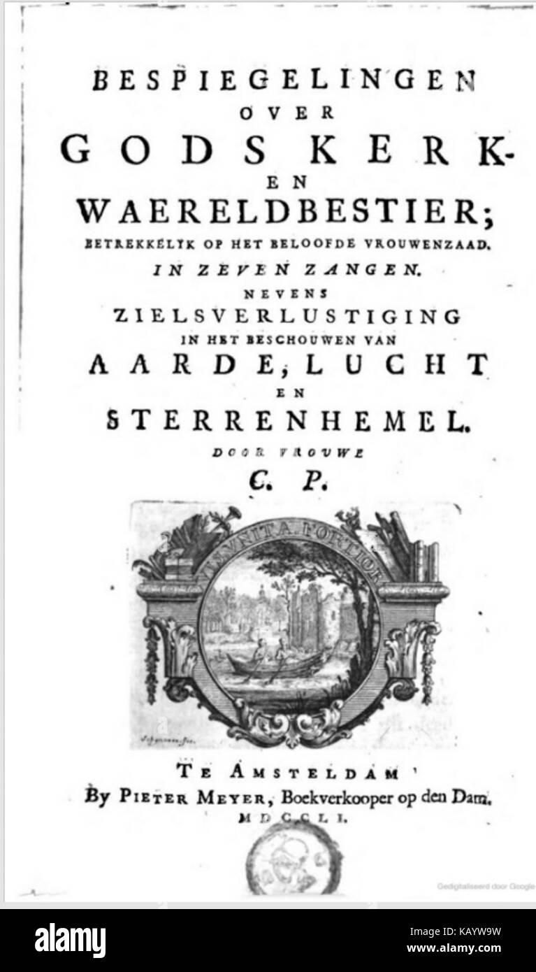 Voorblad Bespiegelingen over dèi Kerk en wereldbestier betrekkelijk op het beloofde Vrouwenzaad a Zeven zangen; nevens Zielverlustiging in het beschouwen van Aarde, Lucht en Sterrenhemel, 1756 Foto Stock