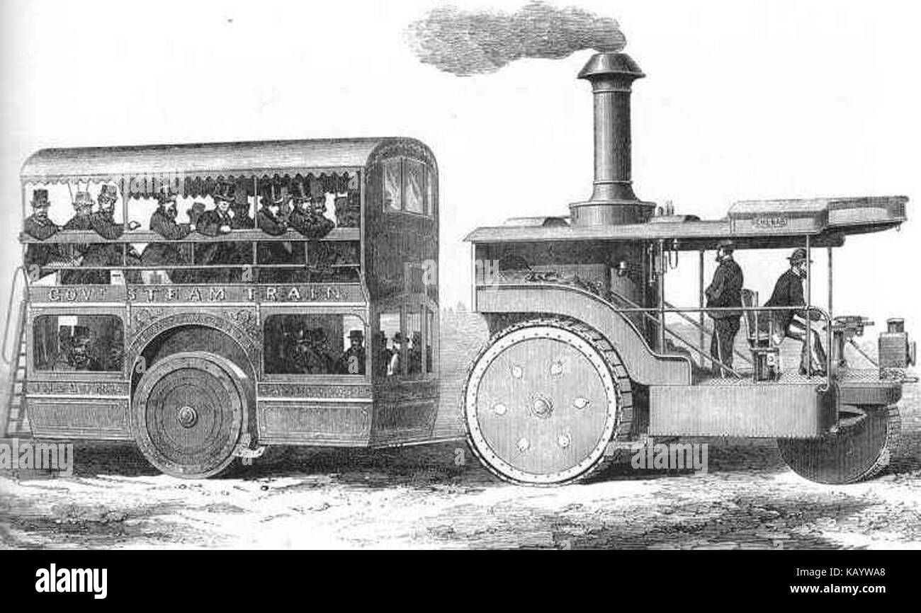 Un'immagine storica del Thomson Road Steamer risalente al 1860 circa. Il piroscafo, probabilmente parte dei primi sforzi di trasporto, riflette i progressi tecnologici nel trasporto durante la metà del XIX secolo. Foto Stock
