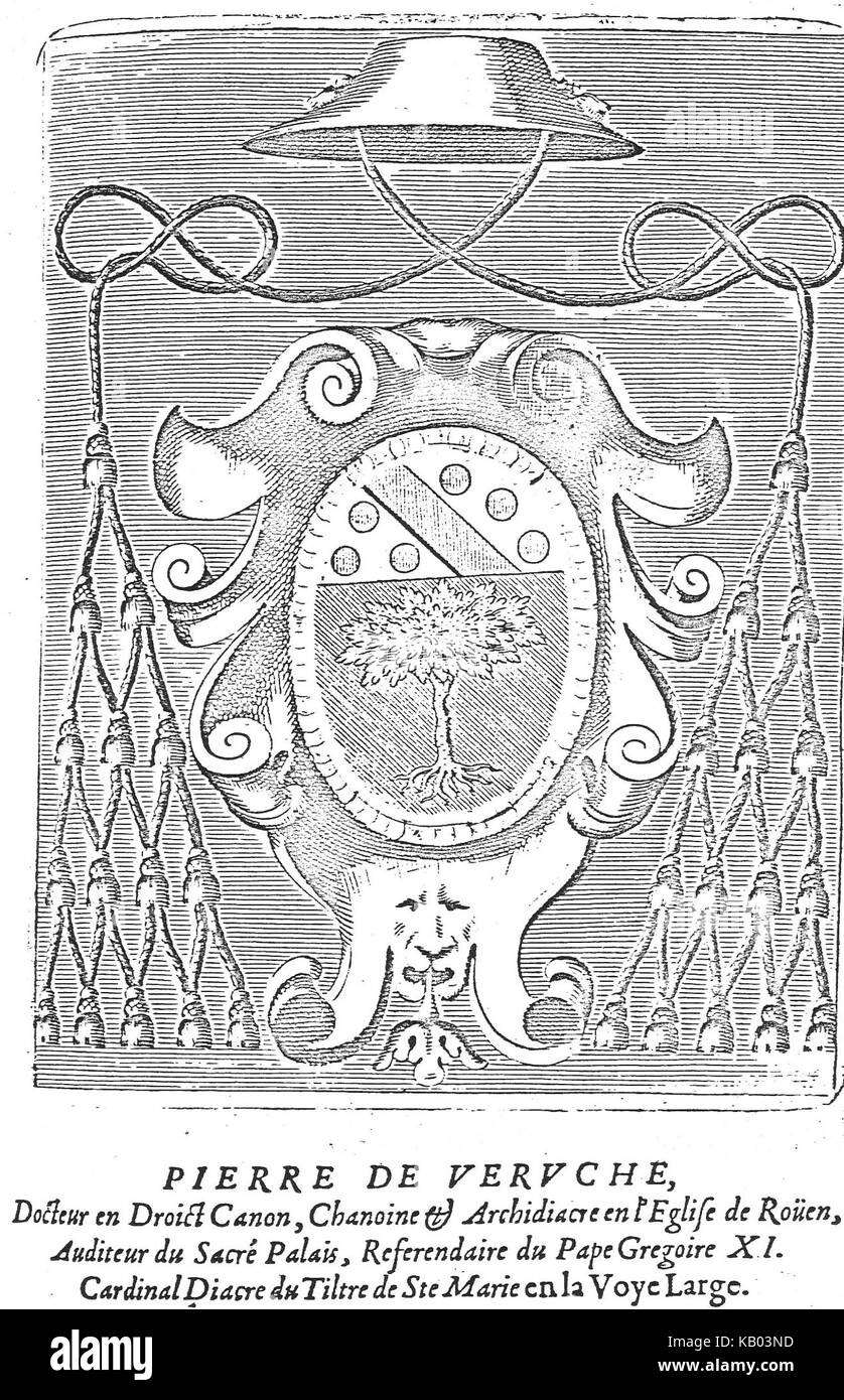 Lo stemma del cardinale Pierre de Vergne, un simbolo araldico che rappresenta il titolo e lo status del cardinale all'interno della chiesa. Foto Stock