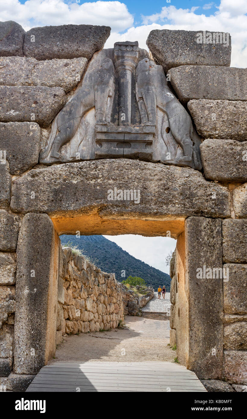 La Porta del Leone, Micene, Mikines, Peloponneso, Grecia Foto Stock