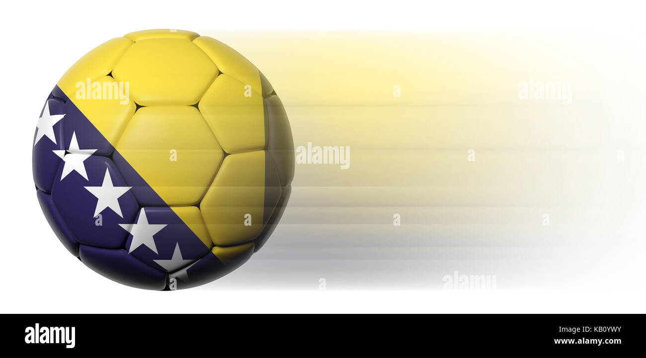 Pallone da calcio con la Bosnia ed Erzegovina bandiera in movimento isolato Foto Stock