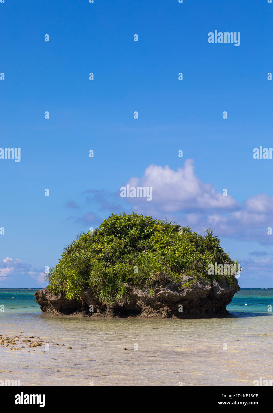 Enorme roccia nella laguna tropicale con chiare acque blu nella baia di kabira, isole yaeyama, ishigaki, Giappone Foto Stock