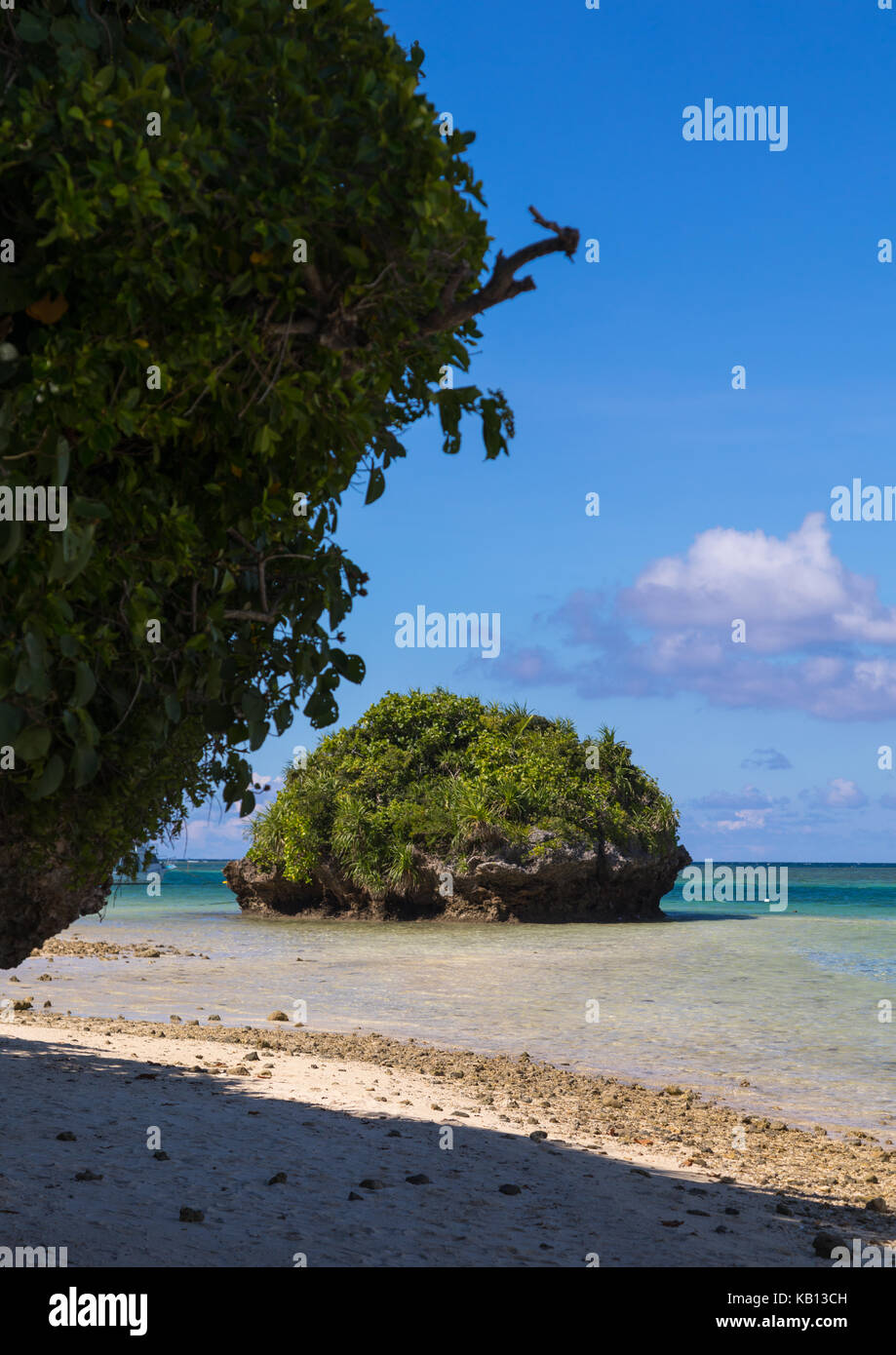 Enorme roccia nella laguna tropicale con chiare acque blu nella baia di kabira, isole yaeyama, ishigaki, Giappone Foto Stock