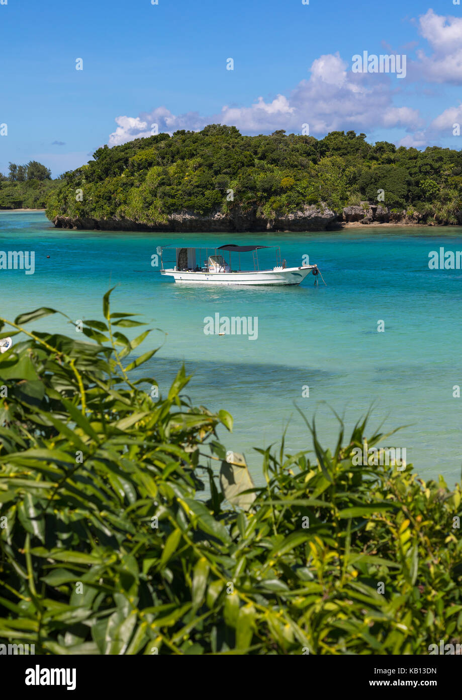 In barca dal fondo di vetro nella laguna tropicale spiaggia con acque blu cristallo circondato da lussureggiante vegetazione nella baia di kabira, isole yaeyama, ishigaki, Giappone Foto Stock