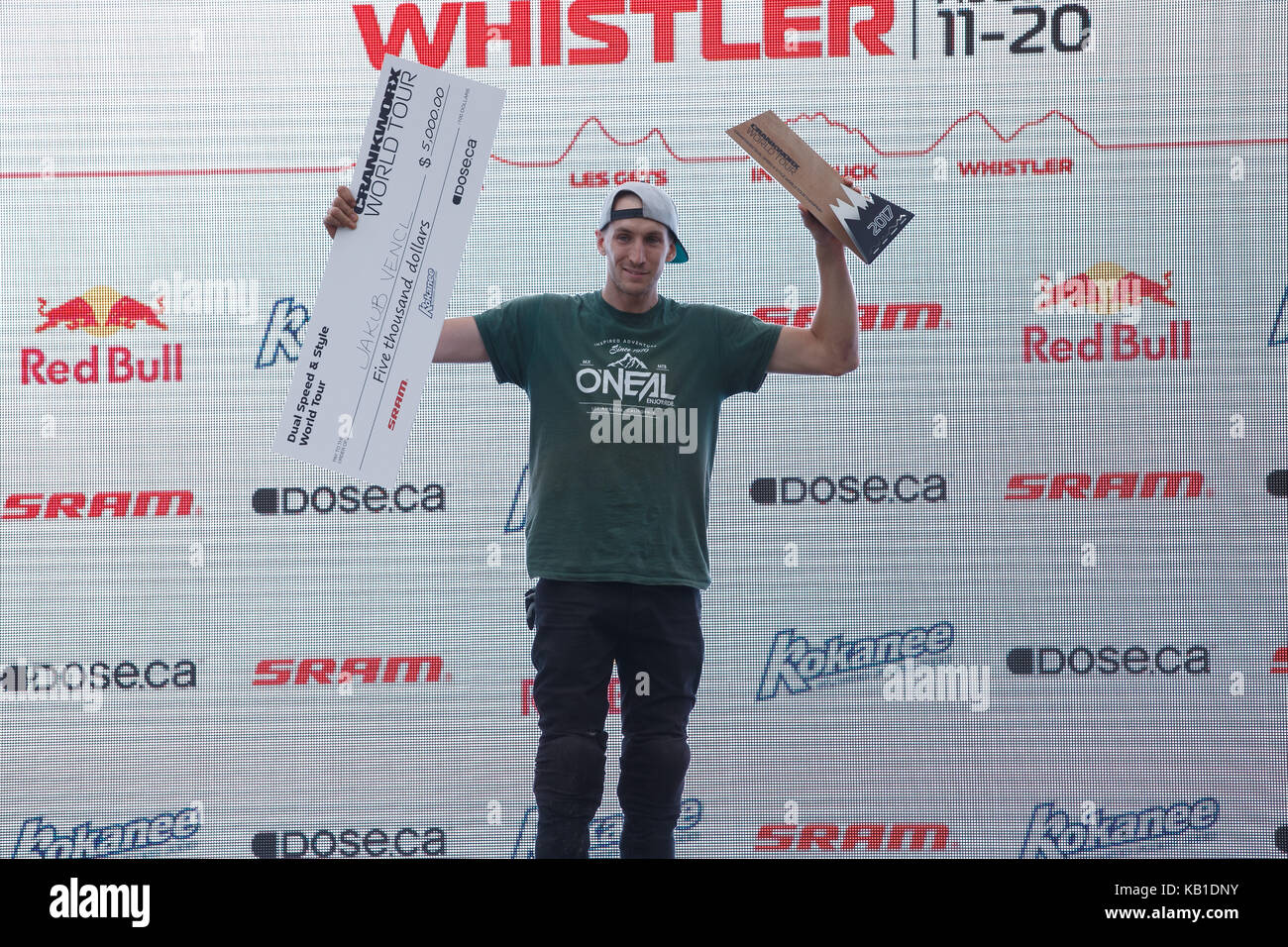 Crankworx whistler 2017 a doppia velocità e stile serie complessiva mens vincitore jakob vencl della Repubblica ceca. Whistler, British Columbia. agosto 12, 2017 Foto Stock