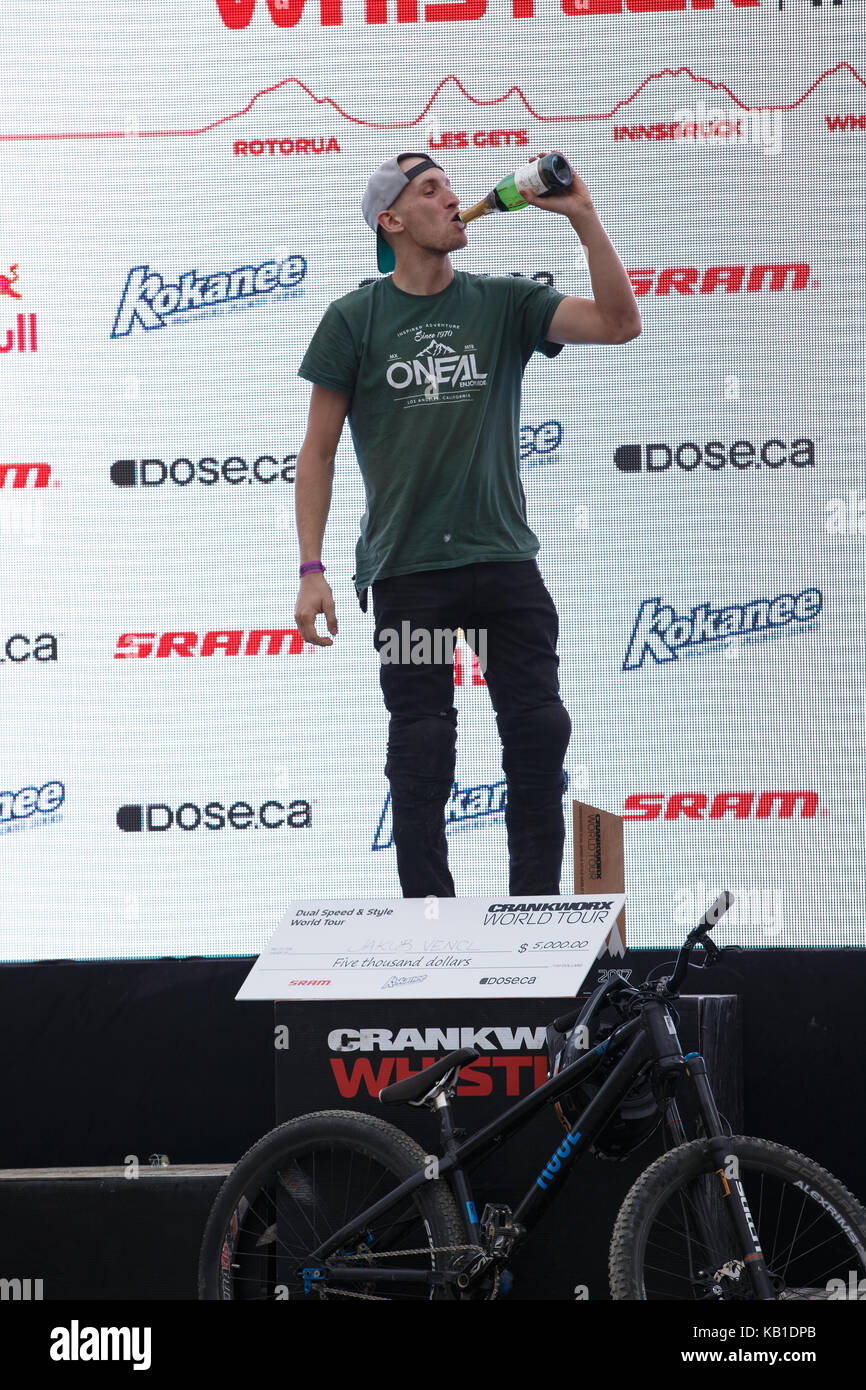 Crankworx whistler 2017 a doppia velocità e stile serie complessiva mens vincitore jakob vencl della Repubblica ceca. Whistler, British Columbia. agosto 12, 2017 Foto Stock
