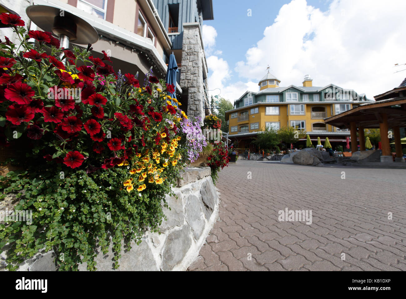 Fiori d'estate e ristoranti rendono la scena colorati in Whistler Village, Whistler, BC, Canada. Foto Stock