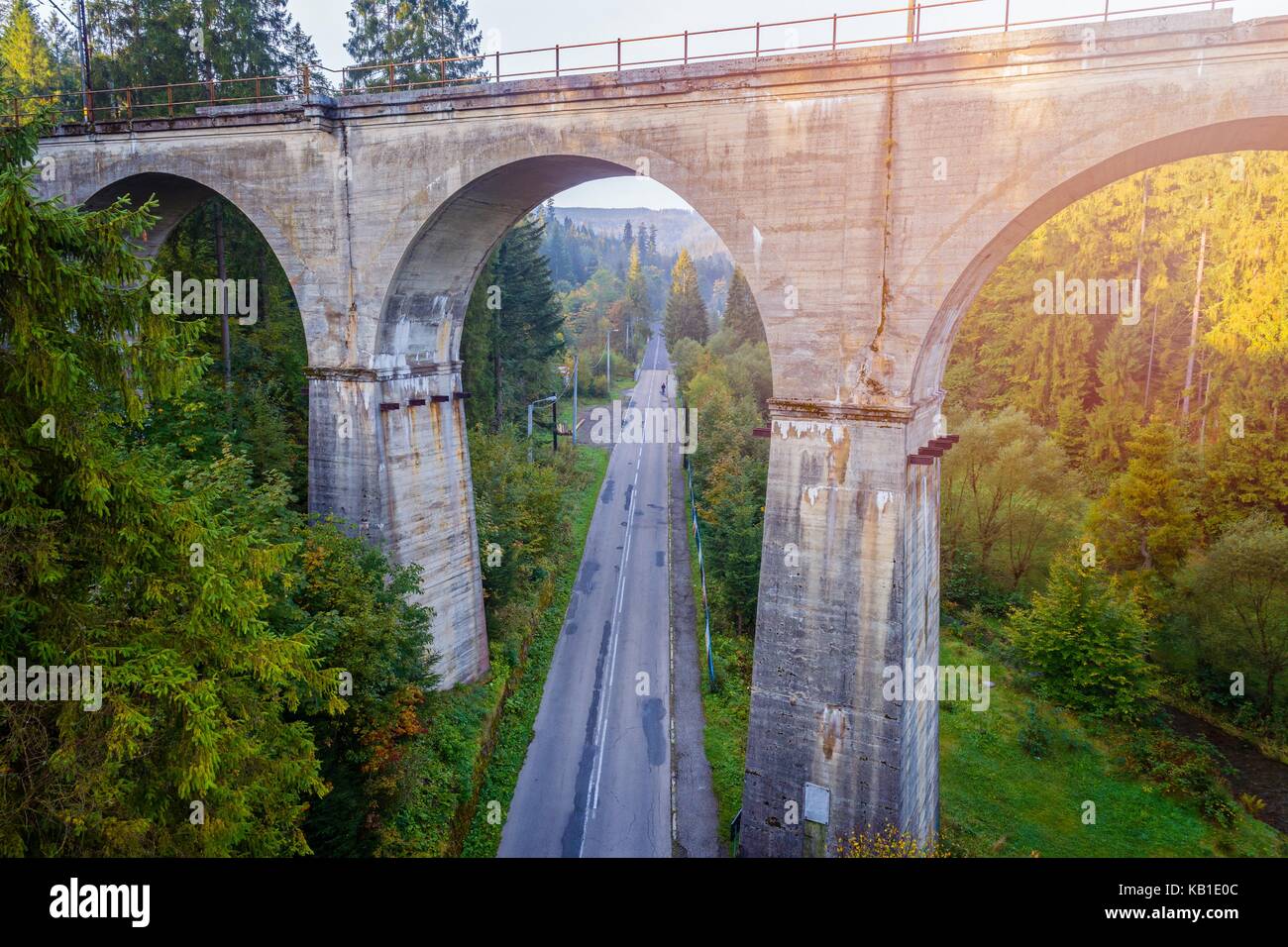 Vista aerea del viadotto ferroviario. wisla, Slesia beskid, Polonia Foto Stock