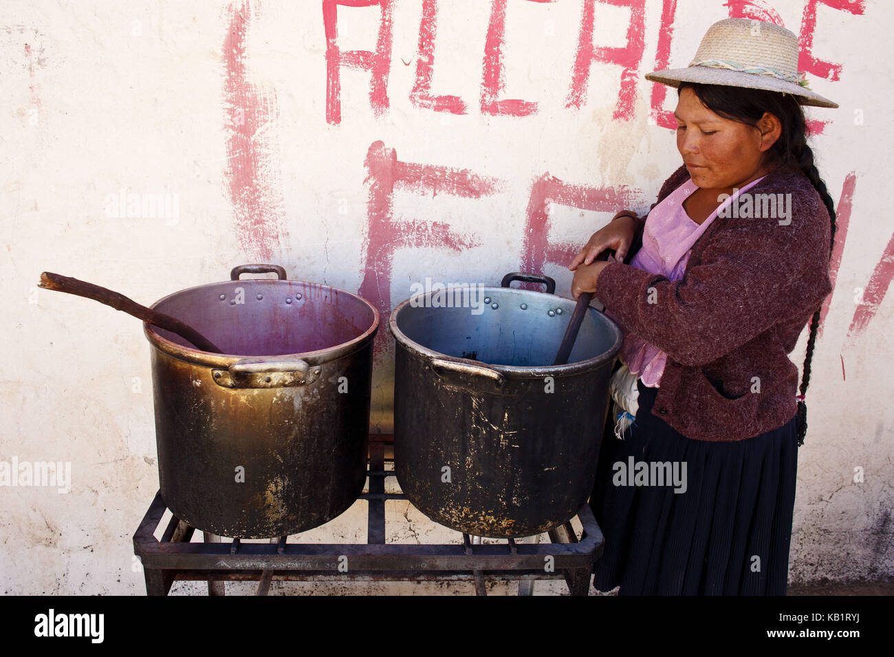 Bolivia, potolo, equo commercio, tessili, donna, lana, colorazione, Foto Stock