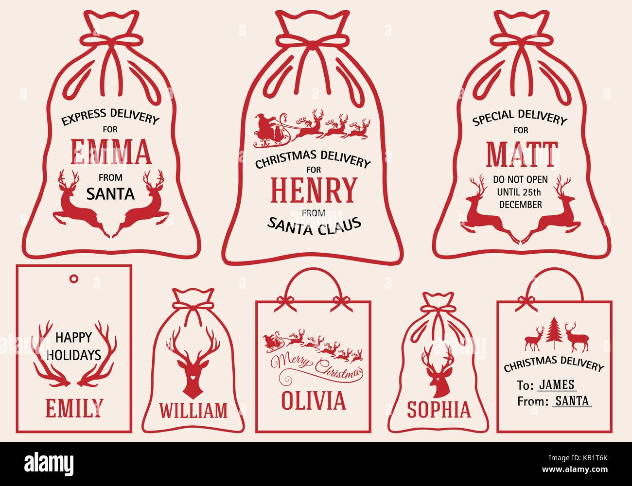 Sacchetti di natale e i tag con Babbo Natale con la slitta e renne, set di vettore di elementi di design grafico Illustrazione Vettoriale