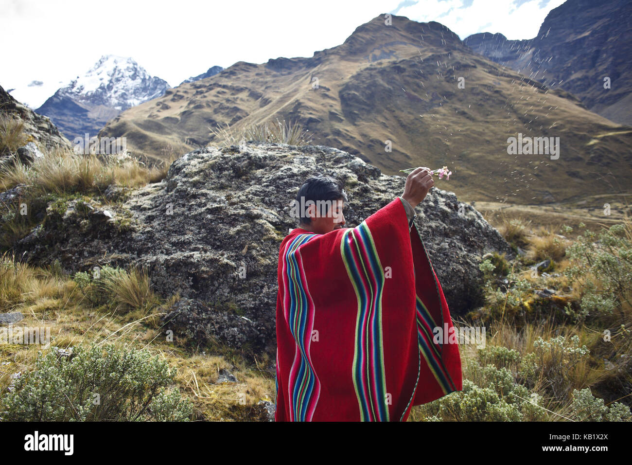 Bolivia, cordillera apolobamba, kallawaya, cerimonia, guaritore, costume tradizionale, Foto Stock