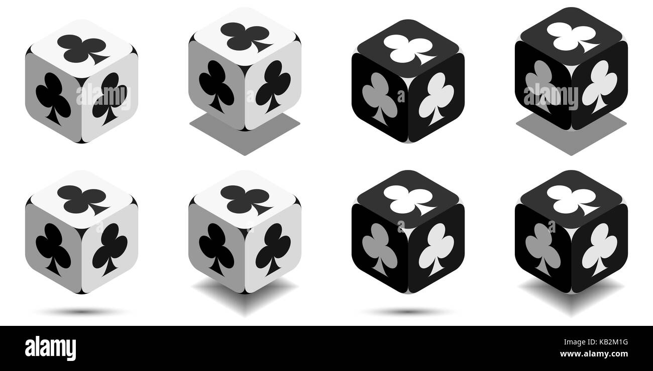 Cubo con tessera club nei colori bianco e nero isometrica cubo con il seme della carta sui lati, vettore icona di riproduzione di club Illustrazione Vettoriale