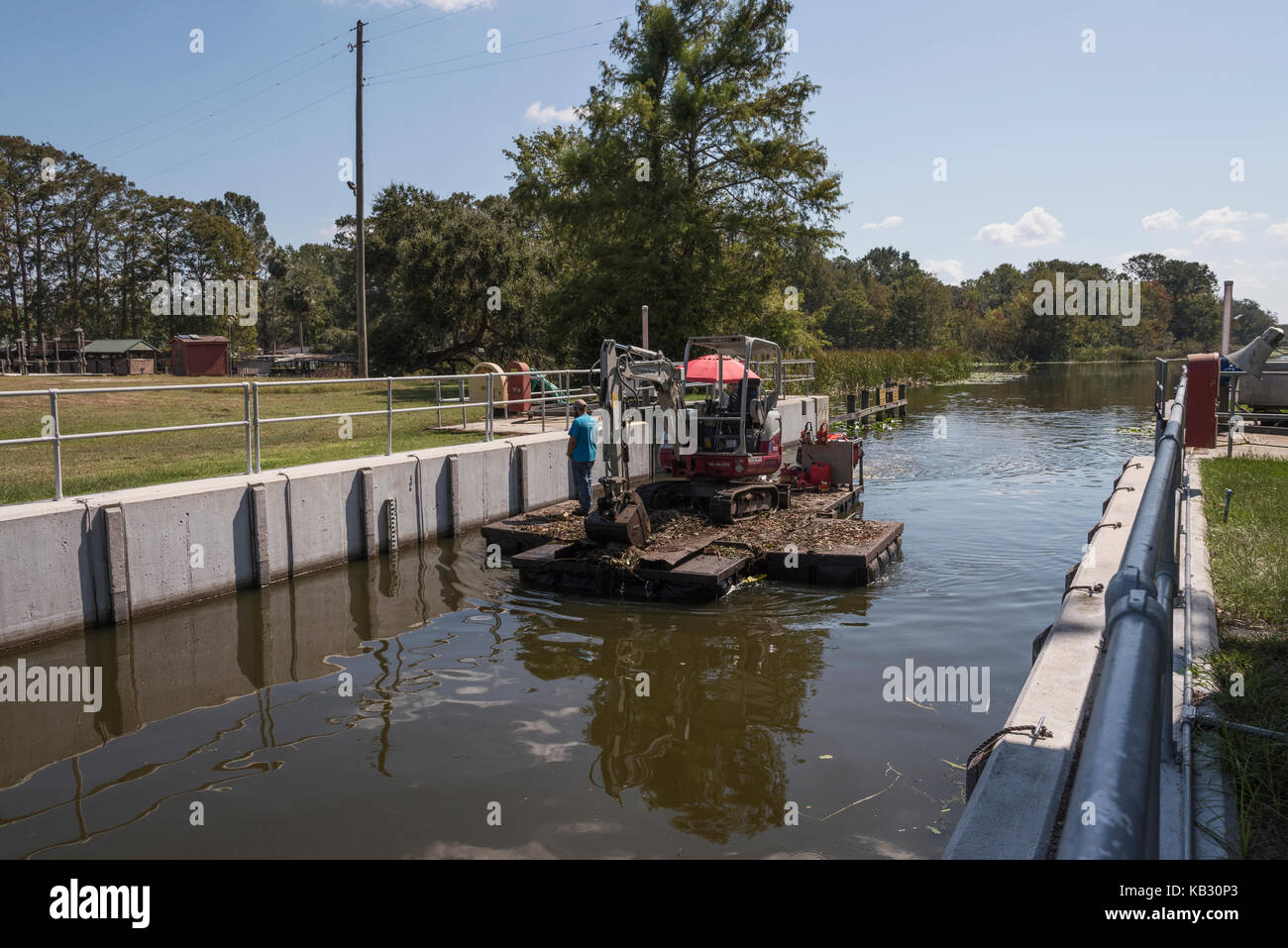 Dopo l uragano irma, albero cleanup equipaggio di bloccaggio attraverso la burrell blocco di navigazione su haines creek leesburg, florida usa Foto Stock