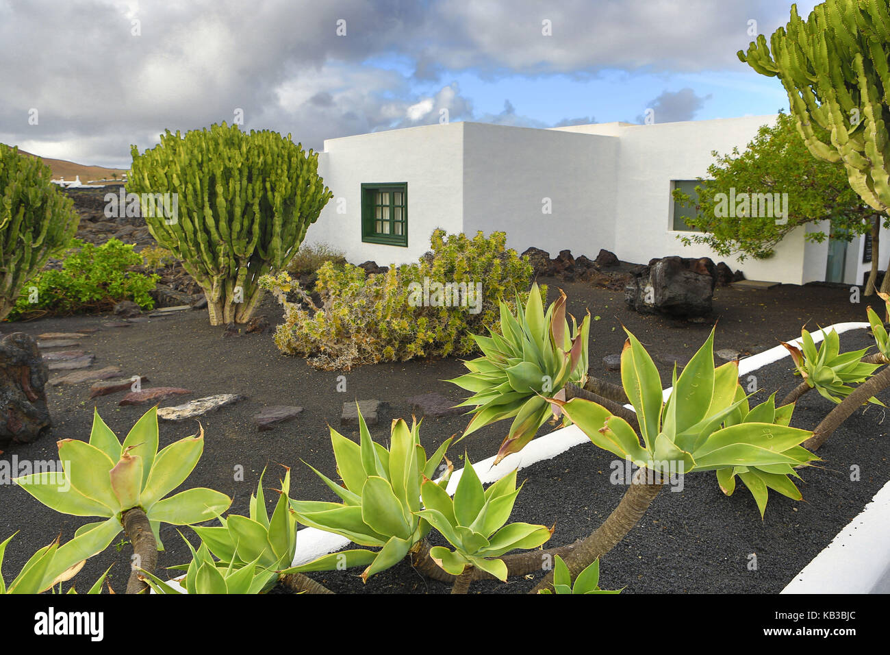 Spagna, Isole Canarie, Lanzarote, architettura tradizionale, giardino, piante, Foto Stock