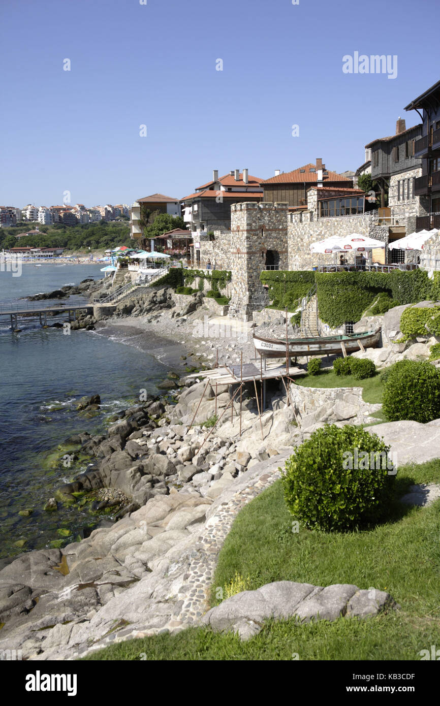 Costa di pietra, case, Sozopol, Mar Nero, Bulgaria, Europa, Foto Stock