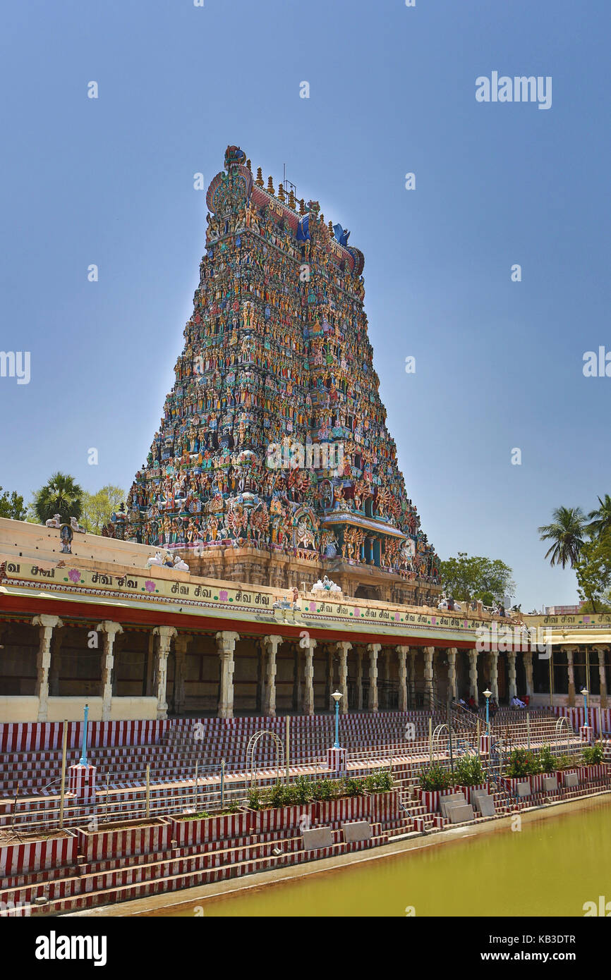 India, nello stato del Tamil Nadu, Madurai, minakshi tempio, gopuram, lotusteich Foto Stock