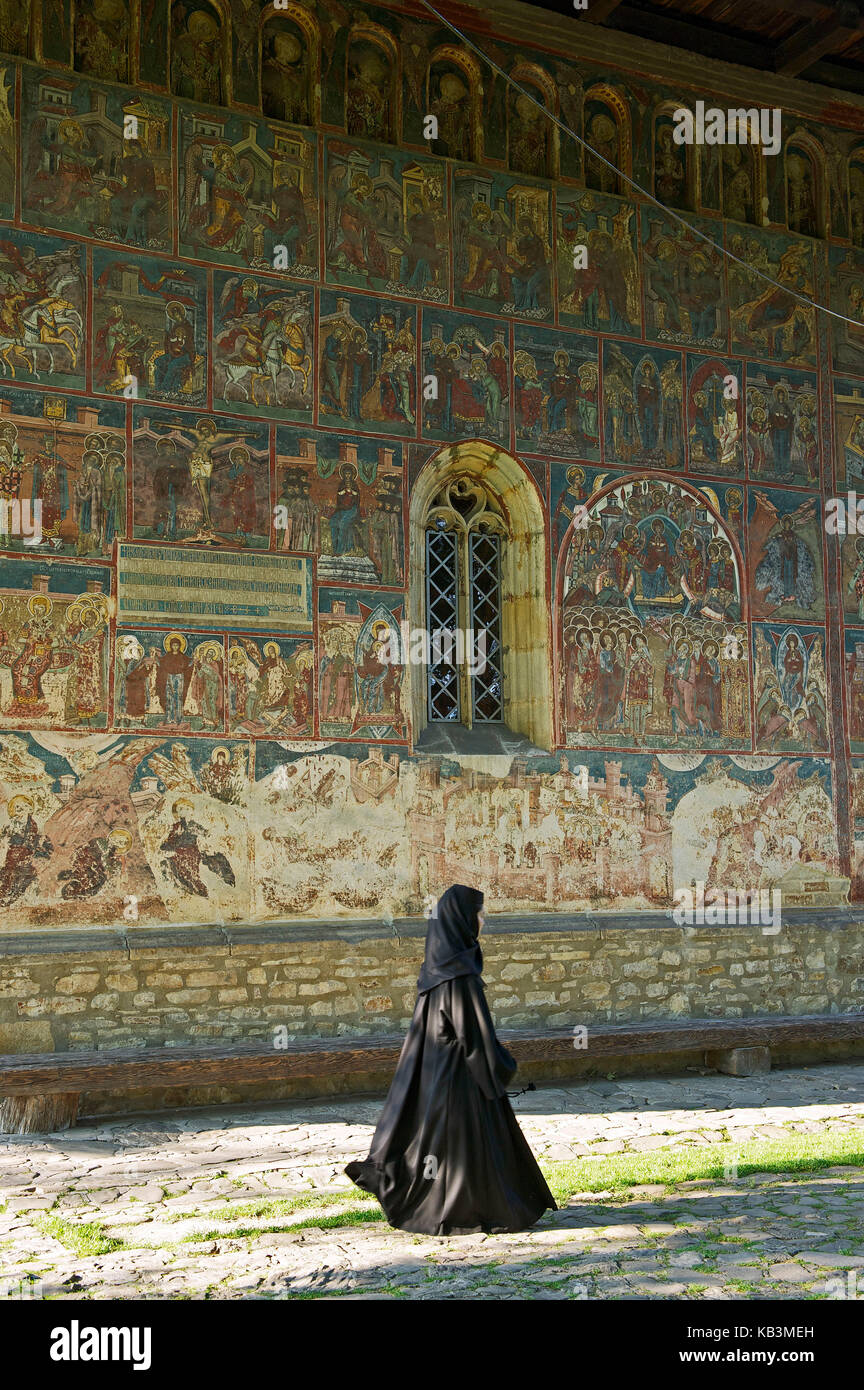 La Romania, a sud della regione di bukovina, verso gura humorului town, umorismo monastero ortodosso elencati come patrimonio mondiale dall' UNESCO, Affresco Foto Stock
